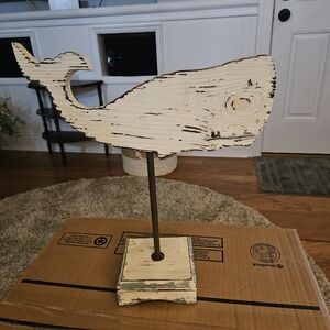 Distressed White Wooden Whale Décor on Stand